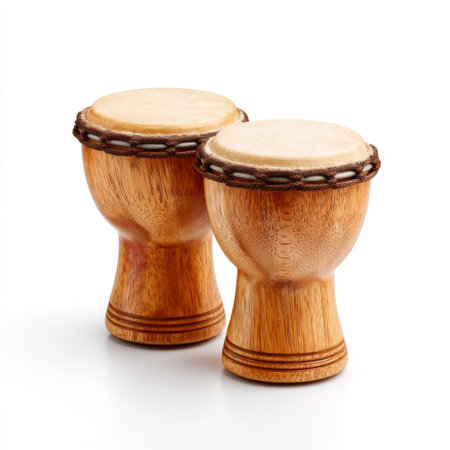 Discover these handcrafted wooden drums featuring a natural finish, perfect for musical themes and cultural representations in diverse settings.の素材
