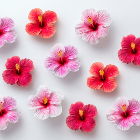 A stunning arrangement of hibiscus flowers in varying shades of pink and red, showcasing their delicate beauty against a clean white background.の素材