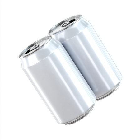 This image features two empty aluminum cans positioned side by side against a white background, ideal for showcasing packaging designs or recycling concepts.の素材
