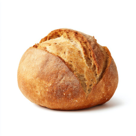 A beautifully baked artisan loaf of bread featuring a crispy crust and a soft, airy inside. Perfect for culinary creations, serving fresh meals, or enjoying as a snack.の素材