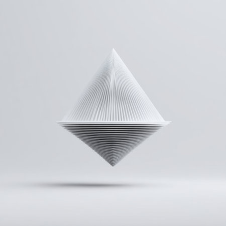 This elegant abstract image features a stylized pyramid shape created with fine lines, floating above a minimalistic background. Ideal for design and art themes.の素材