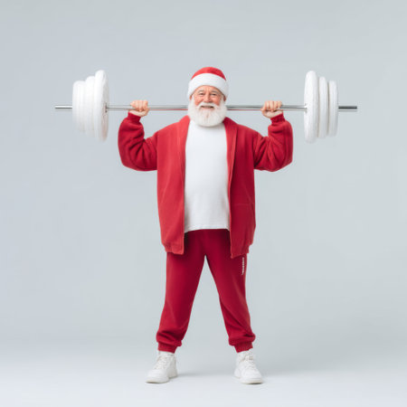 A joyful Santa Claus in a vibrant red outfit lifts weights with a smile, promoting a fun and festive approach to fitness during the holiday season.の素材
