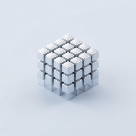 This image showcases a three-dimensional arrangement of reflective cubes on a light gray background, emphasizing minimalist design and geometric beauty.の素材