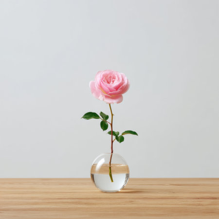 A beautiful pink rose sits gracefully in a clear glass vase on a wooden surface, embodying elegance and tranquility in a minimalist setting.の素材