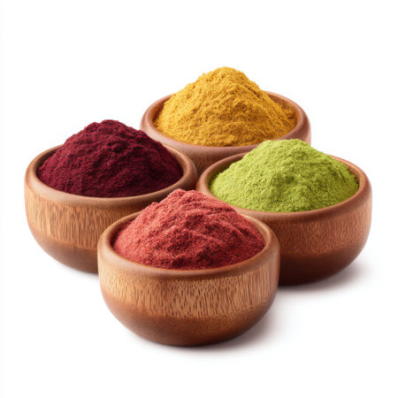 This image showcases a vibrant assortment of powdered spices displayed in elegant wooden bowls. Perfect for culinary use and inspiration, these spices add flavor and color to dishes.の素材