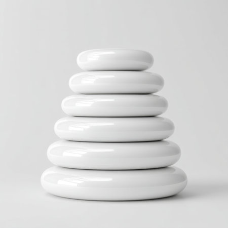 This image showcases a serene arrangement of five modern white pebbles stacked on top of each other against a smooth background, evoking tranquility and balance.の素材