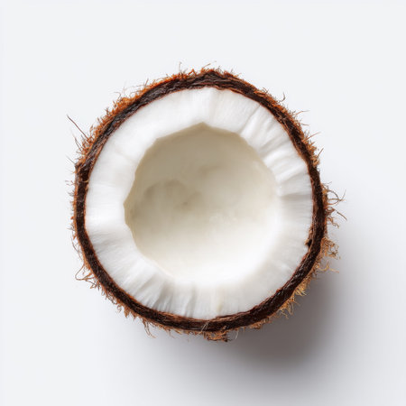 A fresh coconut half showcasing its smooth white inner flesh against a clean white background, perfect for promoting healthy eating and tropical themes.の素材
