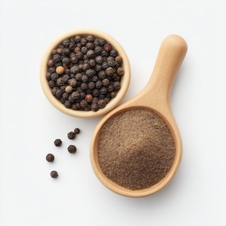 A visually appealing composition featuring freshly ground black pepper in a wooden spoon alongside whole peppercorns in a bowl, perfect for culinary use.の素材