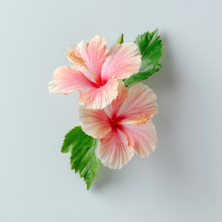 This image features exquisite pink hibiscus flowers with lush green leaves set against a soft light background, perfect for adding a touch of nature's beauty.の素材