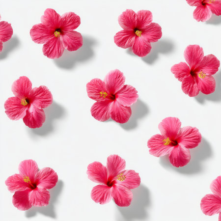 A stunning arrangement of delicate pink hibiscus flowers scattered elegantly on a soft white background, perfect for floral patterns or nature themes.の素材