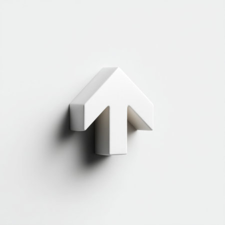 This image features a clean, minimalist white arrow sign with a three-dimensional effect on a soft light background, perfect for design projects.の素材