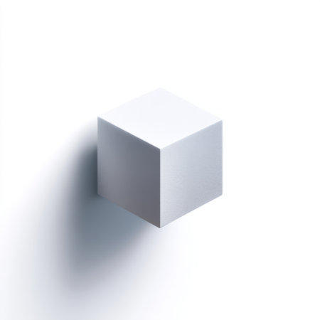 A minimalist white cube set against a pristine white background, casting a subtle shadow, ideal for contemporary design, art, and product presentations.の素材