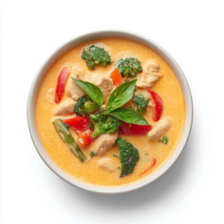 This image showcases a vibrant Thai chicken curry featuring fresh vegetables like broccoli and red peppers, garnished with basil, ideal for culinary inspiration.の素材