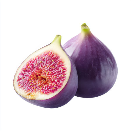 A vibrant purple fig sits alongside a half slice, revealing its sweet pink seeds and soft texture, perfect for culinary creations and healthy snacks.の素材