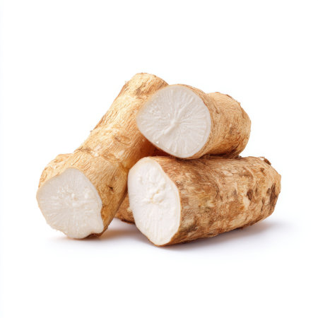 Three pieces of fresh horseradish roots are displayed on a clean white background, showcasing their unique texture and nutritional value for culinary uses.の素材