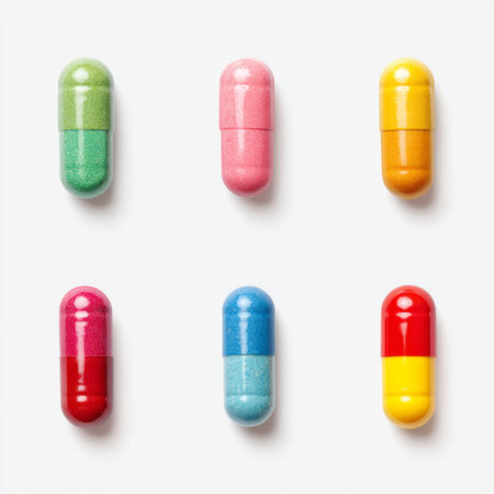 A stunning arrangement of colorful capsules showcasing various shades and textures against a light background, perfect for health and wellness themes.の素材