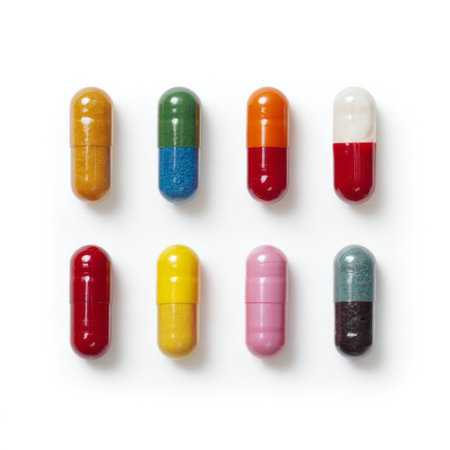 A vibrant display of assorted capsules and pills arranged neatly on a white background, perfect for illustrating health and wellness themes in medicine and pharmacy.の素材