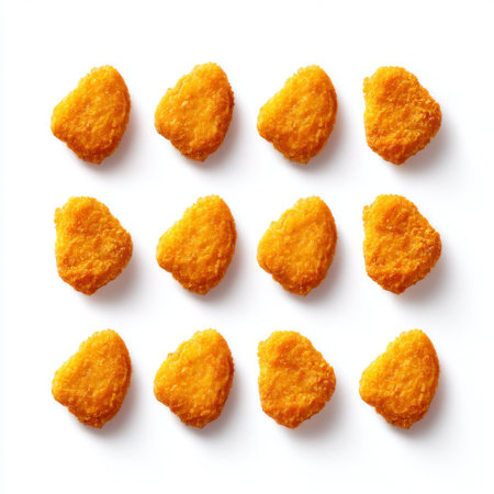 A visually appealing arrangement of crispy golden chicken nuggets on a white background, perfect for food photography and culinary presentations.の素材