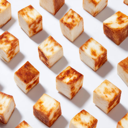 A visually appealing close-up image showcasing neatly arranged golden-brown roasted potato cubes against a clean white background. Perfect for food enthusiasts!の素材