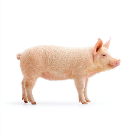 This delightful image features a charming pink piglet standing on a pristine white background. Its soft fur and innocent expression evoke warmth and joy, making it perfect for animal lovers and farm-themed projects.の素材
