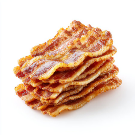 A close-up view of perfectly stacked crispy bacon strips, highlighting the delicious texture and golden color, ideal for food-related projects or menus.の素材