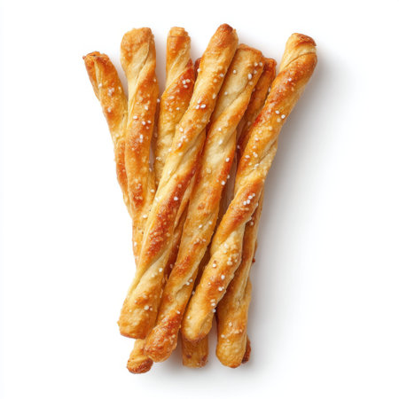 This image showcases a collection of crispy, golden breadsticks, lightly sprinkled with coarse sea salt. Perfect for snacking or pairing with dips.の素材