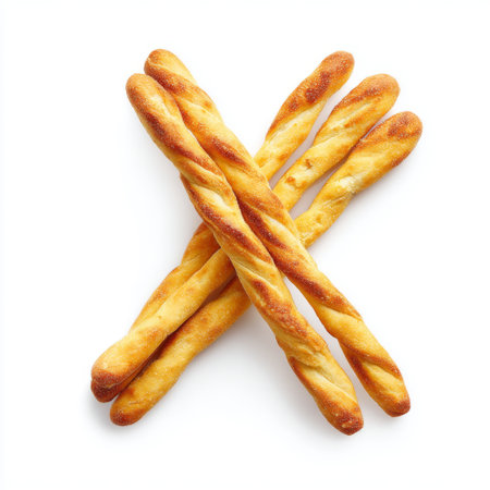 These freshly baked breadsticks feature a delightful crisp texture and a golden brown finish, perfect for snacking or serving alongside meals.の素材