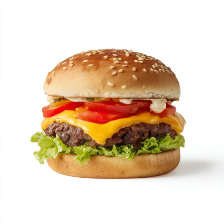 A mouthwatering cheeseburger featuring a thick beef patty, melted cheese, fresh lettuce, and juicy tomatoes, all nestled in a sesame seed bun. Perfect for any meal.の素材