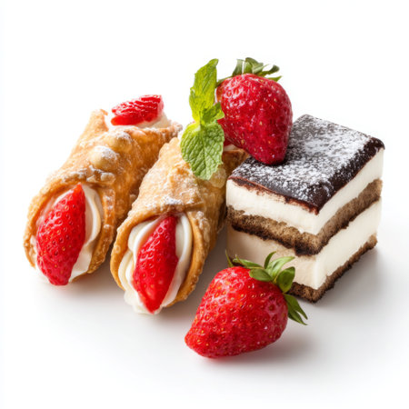 A visually appealing presentation of crispy pastry filled with cream, garnished with fresh strawberries and mint, perfect for dessert lovers.の素材