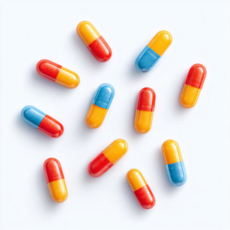 A visually striking arrangement of colorful capsules on a clean white background, ideal for representing concepts related to healthcare, medicine, and wellness.の素材