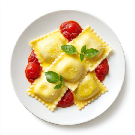 This image showcases a plate of fresh ravioli nestled in vibrant tomato sauce, garnished with basil, perfect for food lovers and culinary enthusiasts.の素材