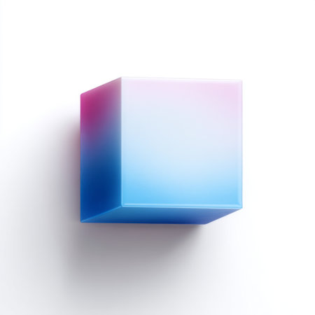 This image features a modern, abstract cube with a smooth gradient in shades of pink and blue, set against a clean white background.の素材