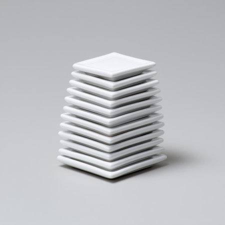 A minimalistic arrangement of stacked white square plates showcases a clean, modern design perfect for any dining setting or home decor.の素材