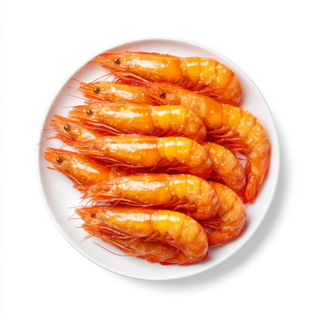 A vibrant display of freshly cooked shrimp arranged neatly on a white plate, perfect for a seafood loverの素材