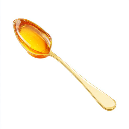 A vibrant closeup of a honey-filled spoon highlighting its glossy texture and rich amber color, perfect for culinary, health, and wellness themes.の素材