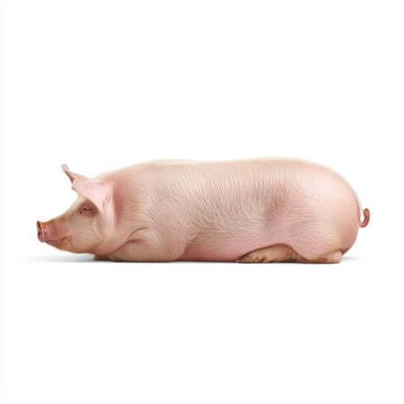 This image features a cute, pink pig lying gracefully on its side against a clean, bright background, illustrating the charm of farm animals in a playful manner.の素材