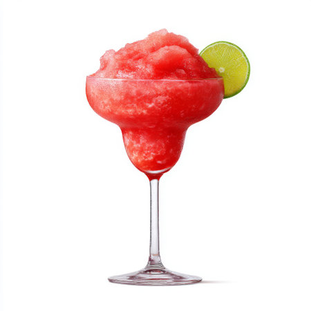 A vibrant frozen strawberry cocktail topped with crushed ice and a slice of fresh lime, perfect for summer parties and warm gatherings. Enjoy a refreshing sip!の素材