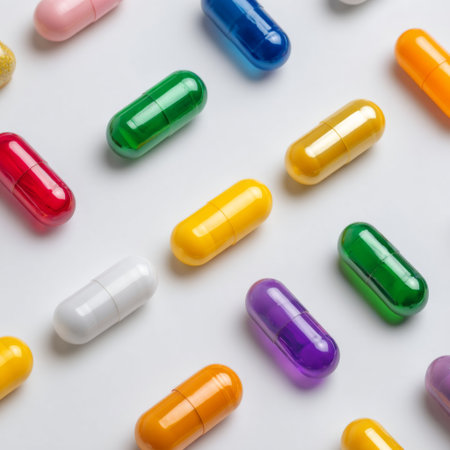 A colorful assortment of capsules displayed on a white background, showcasing a variety of shapes and colors ideal for health-related themes and marketing.の素材