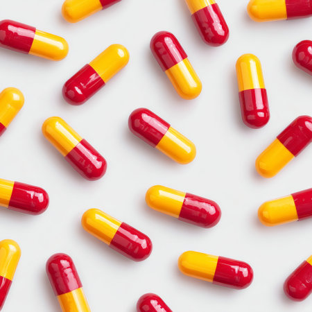 A vibrant arrangement of red and yellow capsules on a crisp white background, perfect for representing health, wellness, and pharmaceutical themes in design.の素材