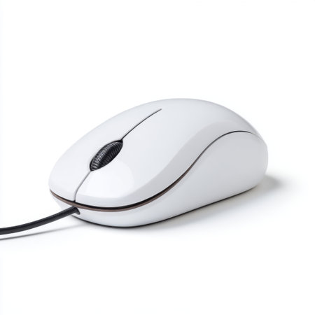 A sleek white wired computer mouse placed on a minimalistic background, ideal for themes related to technology, productivity, and modern workspace design.の素材