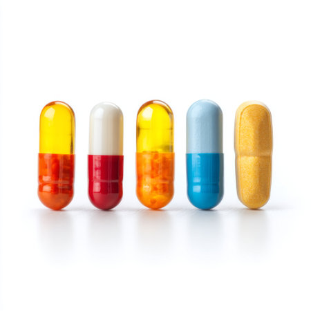 A visually appealing arrangement of colorful capsules showcases various vitamins and supplements, symbolizing health and wellness choices for consumers.の素材