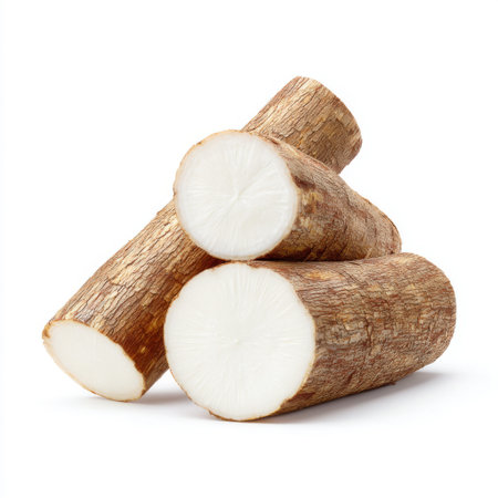 Stacked fresh cassava roots reveal a smooth white interior, ideal for cooking and nutrition. This natural vegetable represents agricultural diversity.の素材
