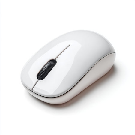 A white computer mouse displayed against a clean background, showcasing its sleek design and functionality for office or home use. Ideal for tech-related content.の素材