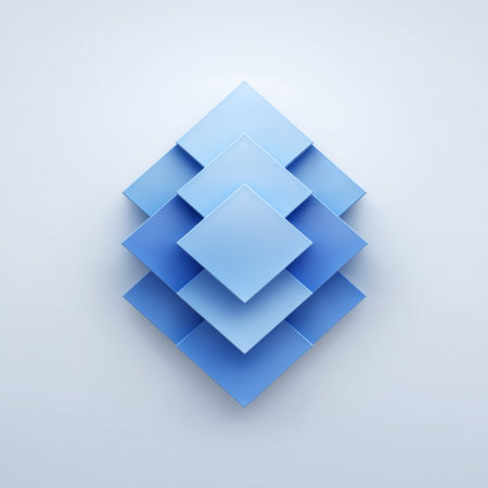 This image features a collection of stacked blue geometric shapes, creating a serene and modern visual experience. The soft shadows add depth and dimension.の素材