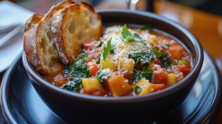 A delicious homemade ribollita soup served in a bowl, garnished with fresh herbs and accompanied by crusty bread. A perfect comfort meal.の素材