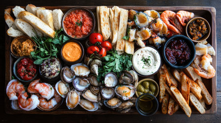 Discover an elegant cicchetti platter featuring a variety of seafood, dips, and fresh bread, perfect for sharing at gatherings or special occasions.の素材