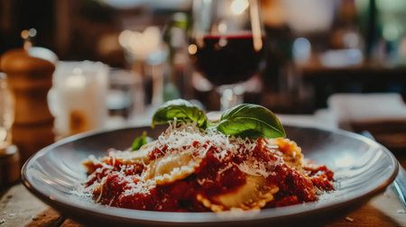A beautifully plated dish of ravioli topped with rich tomato sauce and fresh basil, set against a warm dining ambiance with a glass of red wine.の素材