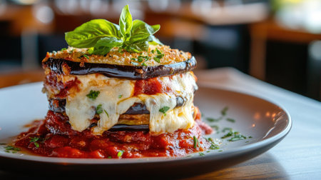 Discover a beautifully plated Melanzane alla Parmigiana, showcasing layers of eggplant, cheese, and fresh basil. Perfect for any gourmet occasion.の素材