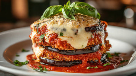 A beautifully plated dish of Melanzane alla Parmigiana showcasing layers of eggplant, cheese, and tomato sauce, garnished with fresh basil. Perfect for gourmet dining.の素材