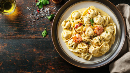A beautifully styled plate of tortellini, elegantly nestled with sauce and herbs. Perfect for capturing the essence of Italian culinary artistry in a rustic setting.の素材